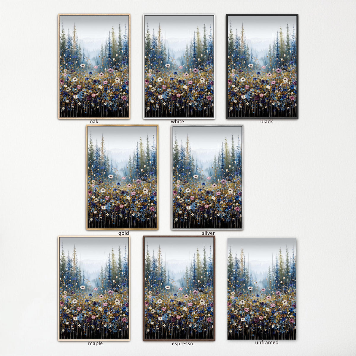 a collection of nine framed landscape photographs, each depicting a forest scene with trees and flowers. The photographs are arranged in a grid format, with three rows and three columns. Each photograph is framed in a different color, including gold, white, black, and silver. The photographs showcase various forest settings, such as a dense forest, a more open woodland, and a more secluded area. The color of the frames varies, adding visual interest to the overall presentation.