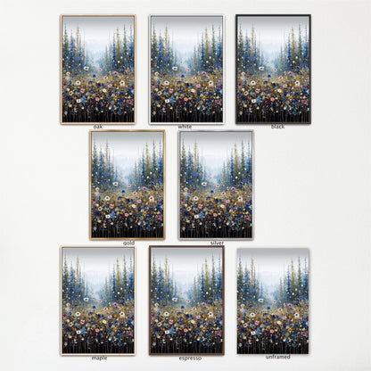 a collection of nine framed landscape photographs, each depicting a forest scene with trees and flowers. The photographs are arranged in a grid format, with three rows and three columns. Each photograph is framed in a different color, including gold, white, black, and silver. The photographs showcase various forest settings, such as a dense forest, a more open woodland, and a more secluded area. The color of the frames varies, adding visual interest to the overall presentation.