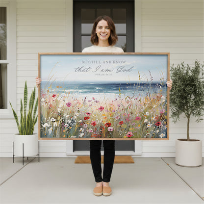 A woman stands in front of a white house, holding a large framed painting of a field of flowers.
