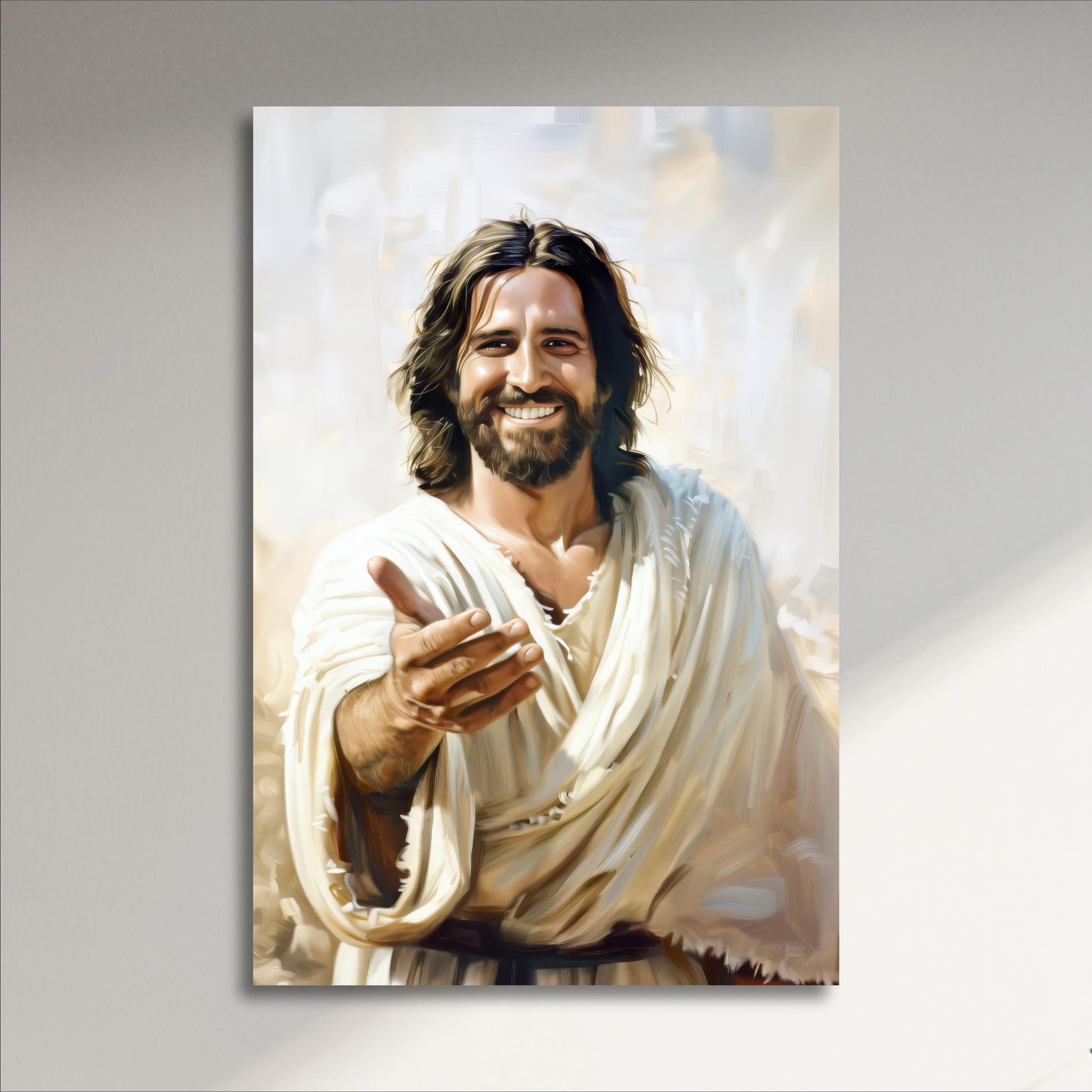 a smiling man with long hair and a beard, wearing a white robe.