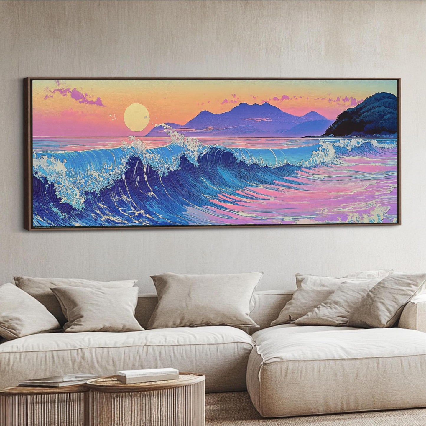 a living room with a couch and a painting on the wall