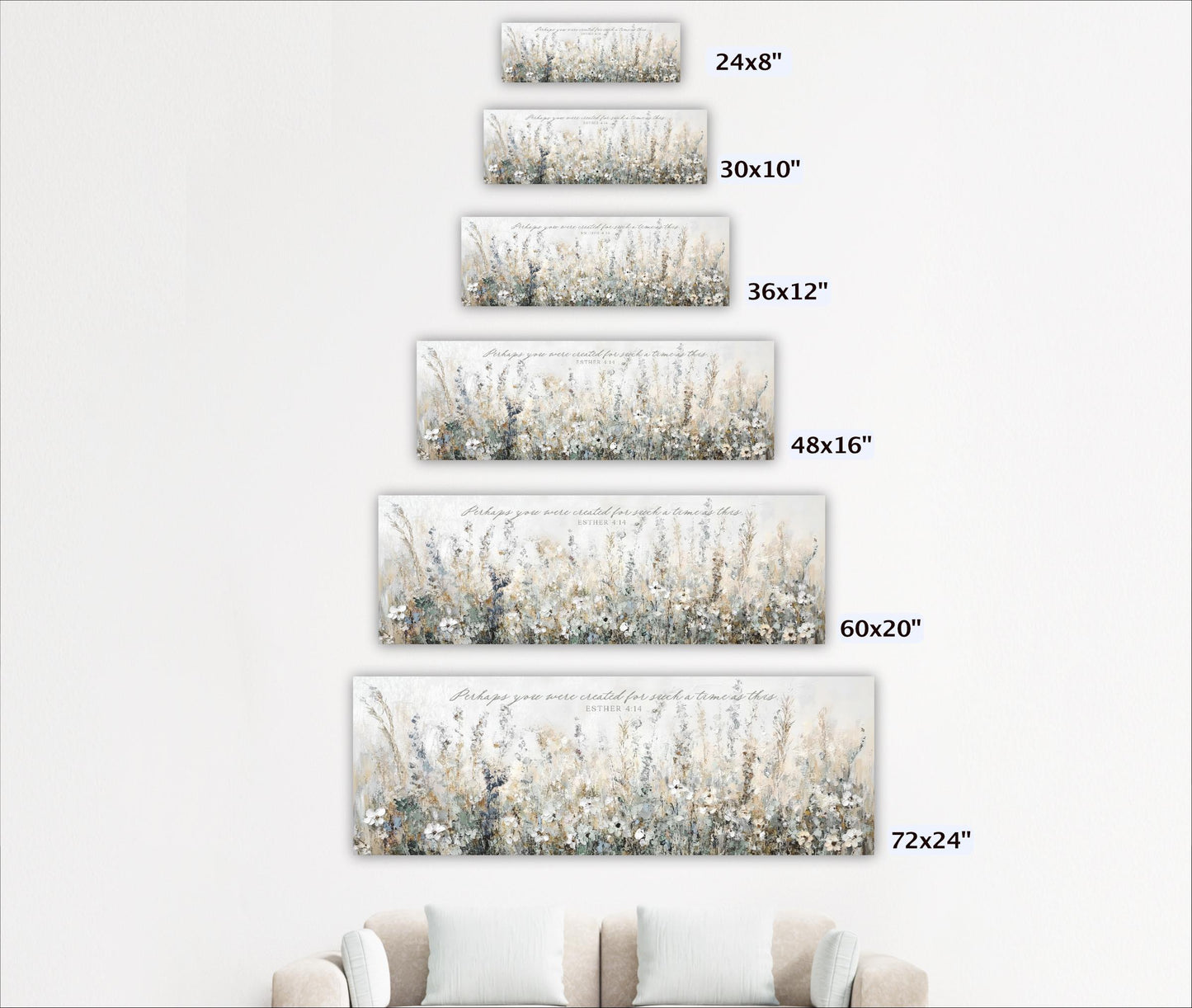 A series of framed artworks depicting various sizes of floral landscapes, ranging from 24"x8" to 72"x24".