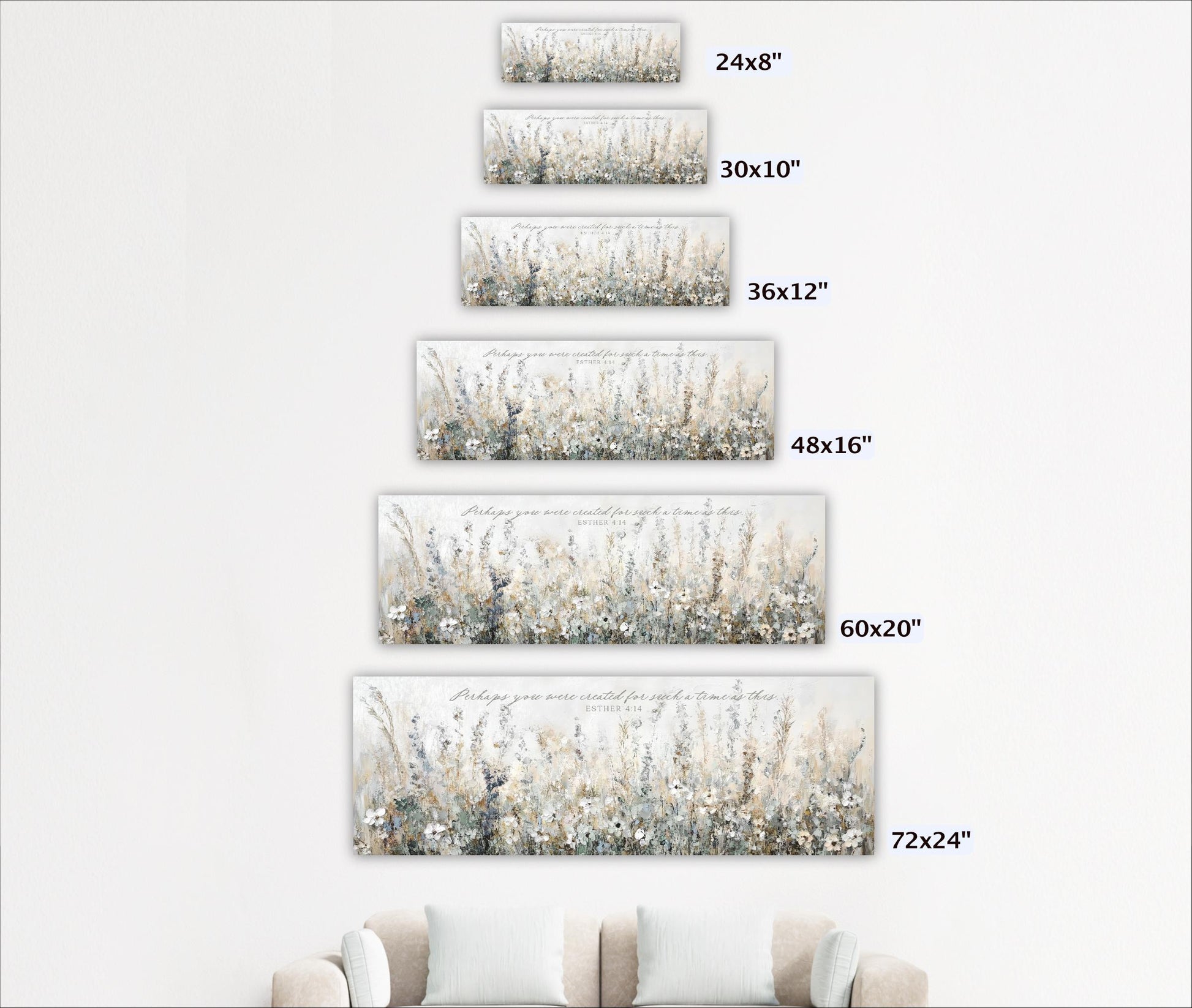 A series of framed artworks depicting various sizes of floral landscapes, ranging from 24"x8" to 72"x24".