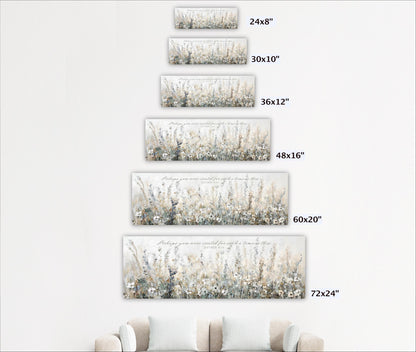 A series of framed artworks depicting various sizes of floral landscapes, ranging from 24"x8" to 72"x24".