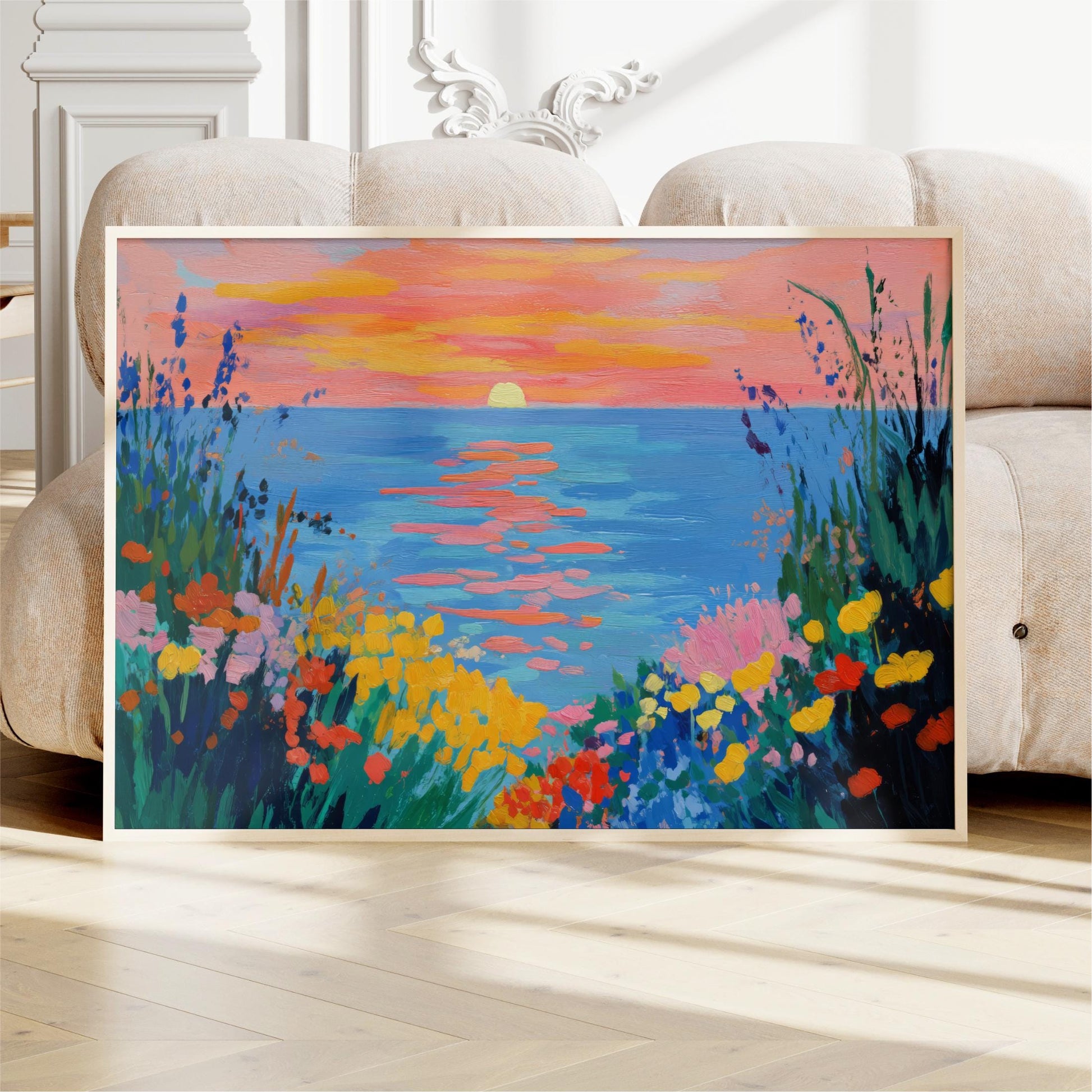 a vibrant painting of a sunset over a body of water, with a colorful sky and lush vegetation in the foreground.