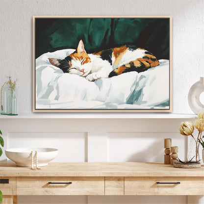 a painting of a cat sleeping on a bed