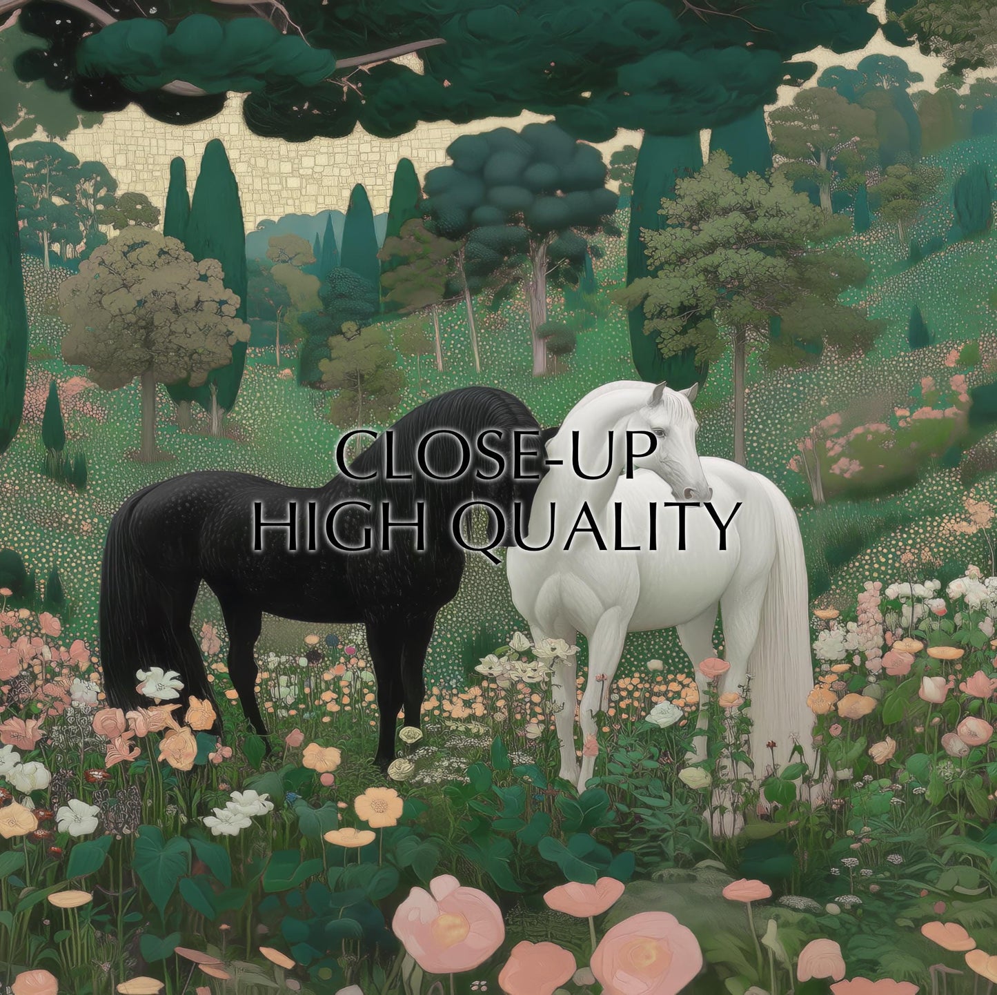 two horses standing in a lush, colorful garden filled with flowers and greenery.
