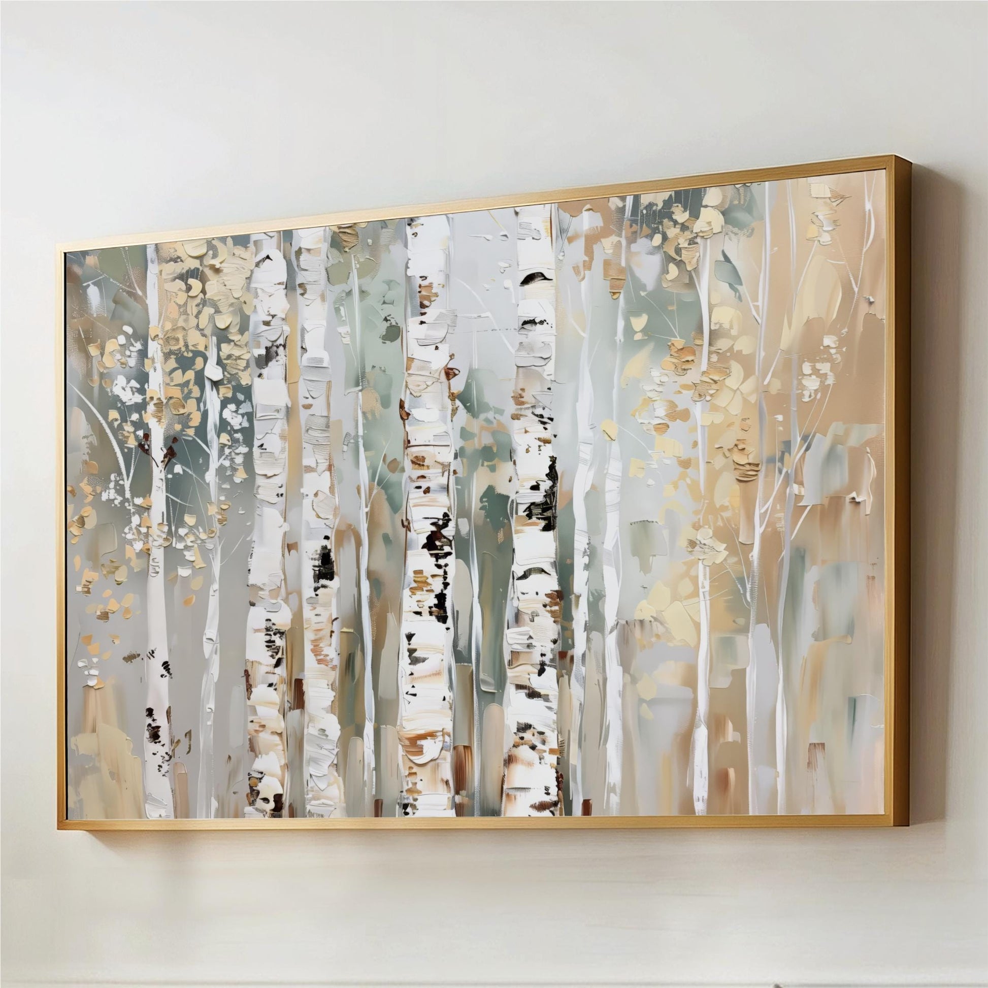 The image is a framed painting depicting a forest scene with tall trees and a mix of white, green, and brown colors.
