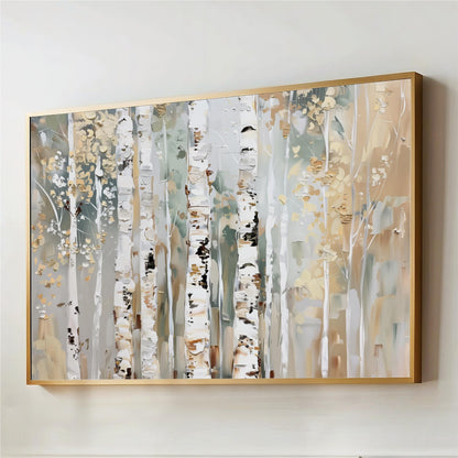 The image is a framed painting depicting a forest scene with tall trees and a mix of white, green, and brown colors.