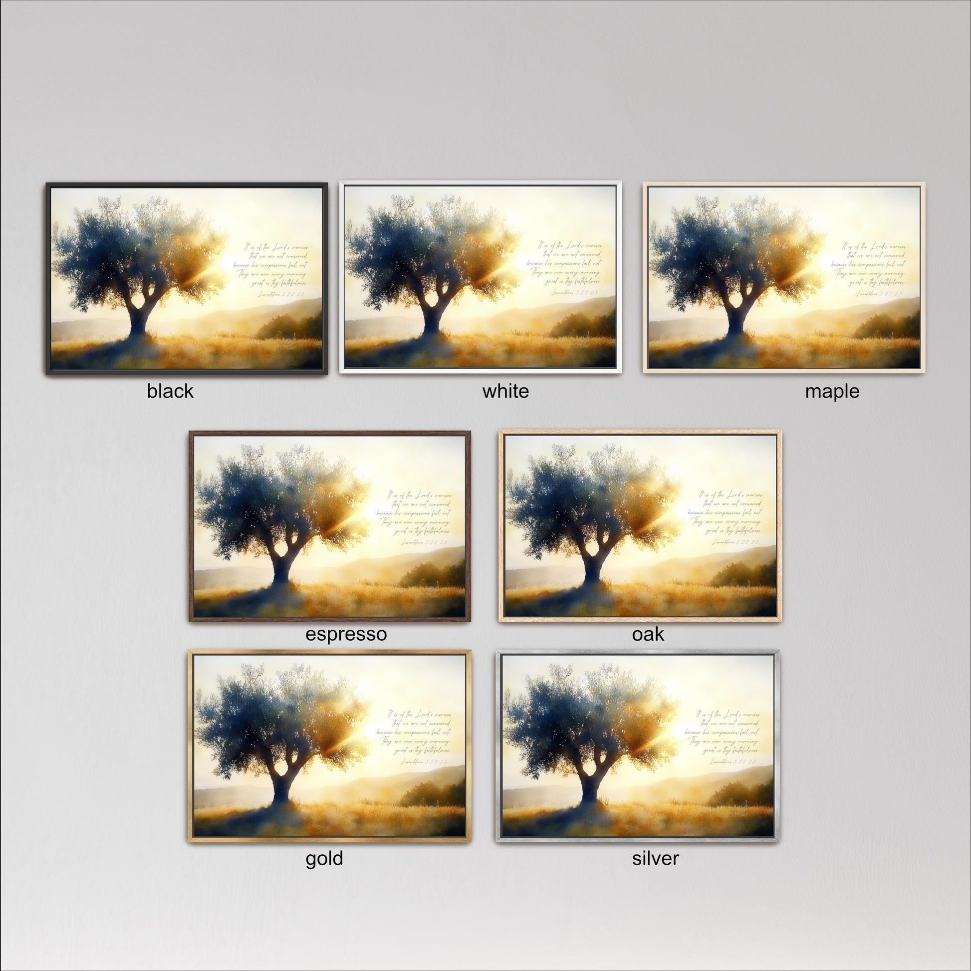 six framed pictures of a tree in different colors and lighting conditions, arranged in a grid format.