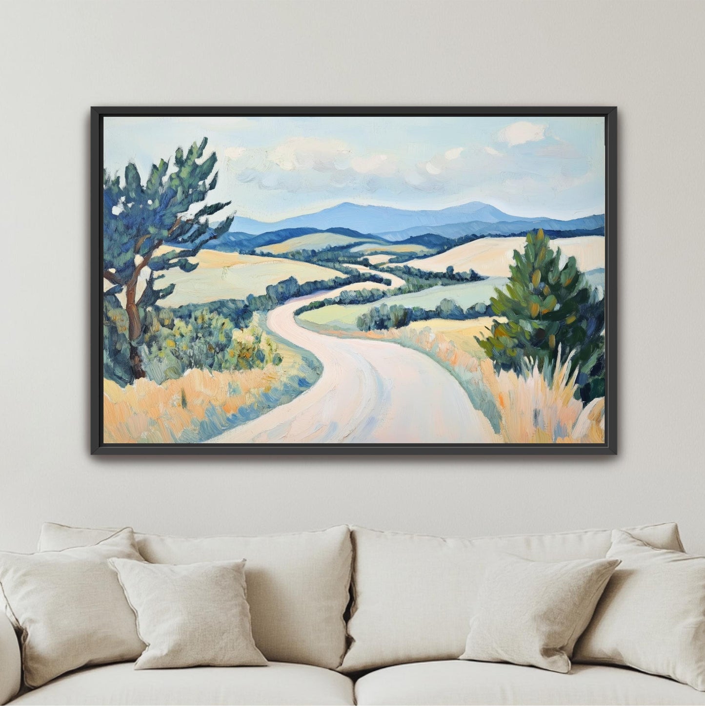 The image is a framed painting depicting a winding road through a rural landscape with rolling hills, trees, and a blue sky with clouds.