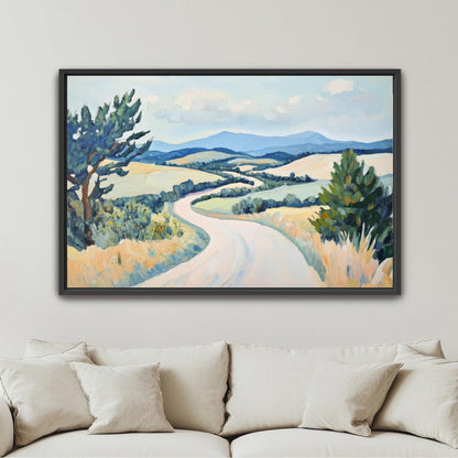 The image is a framed painting depicting a winding road through a rural landscape with rolling hills, trees, and a blue sky with clouds.