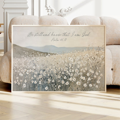A framed painting of a field of flowers is displayed on a white couch in a room.