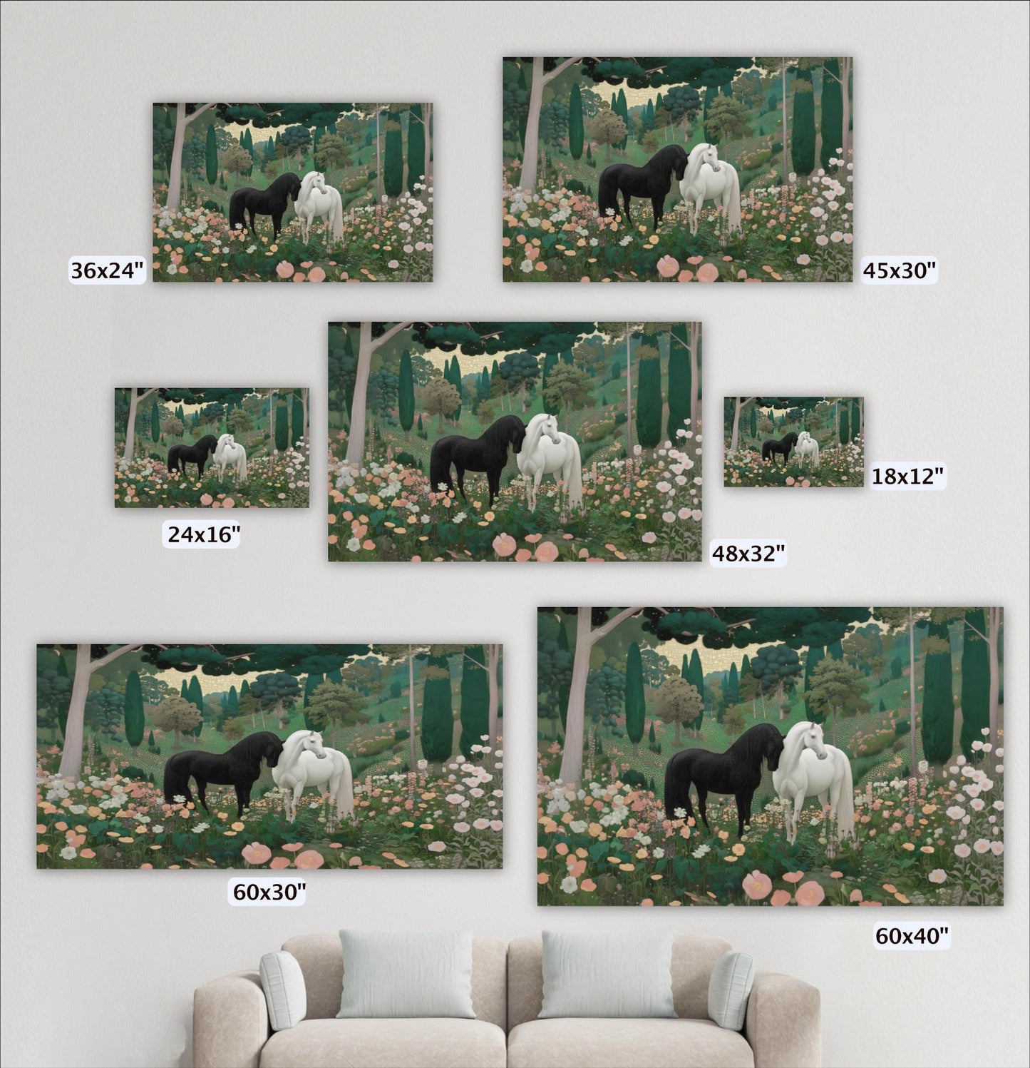 a collection of six framed paintings depicting horses in a forest setting, with varying sizes and dimensions.