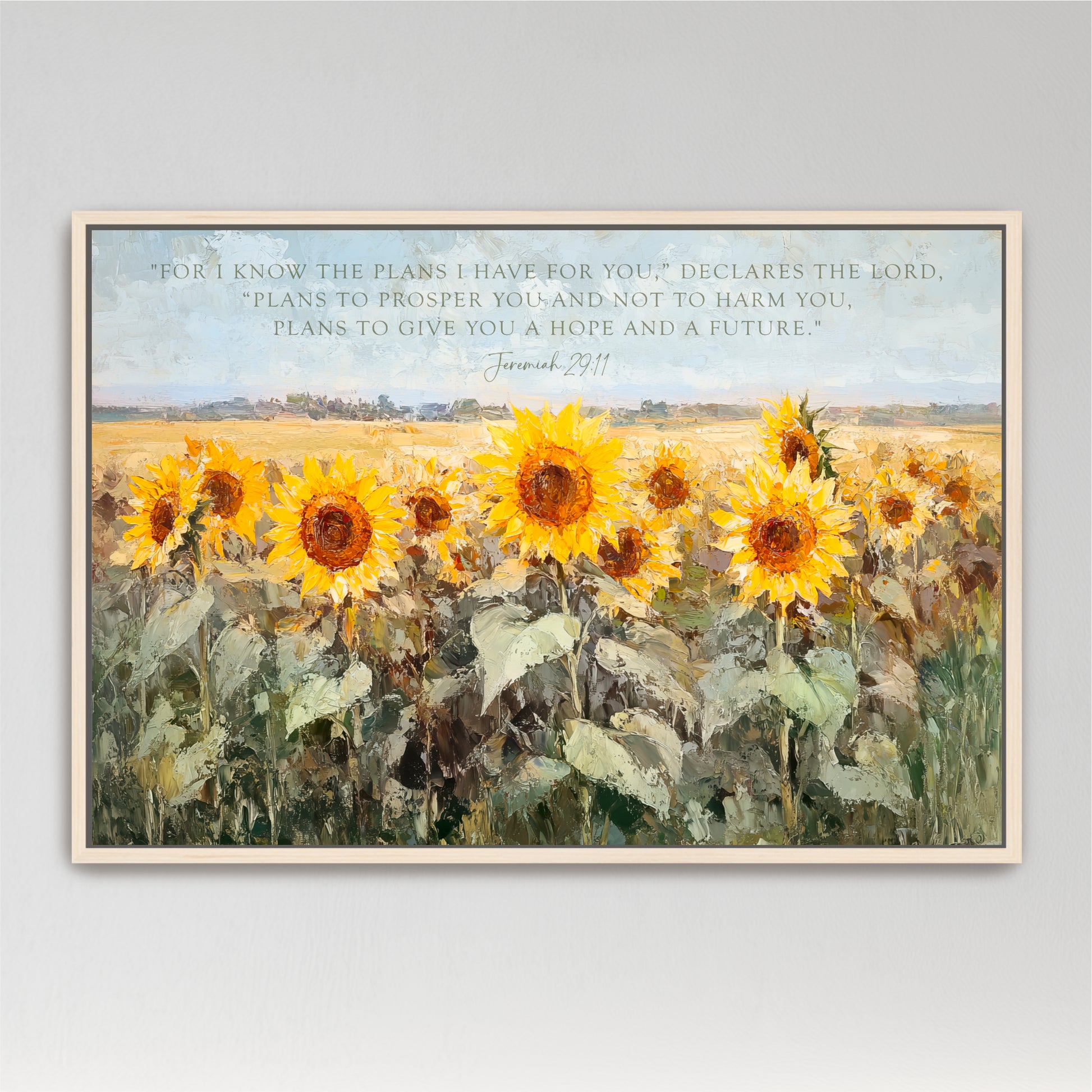The image is a painting of a field of sunflowers, with a quote from the Bible above it.