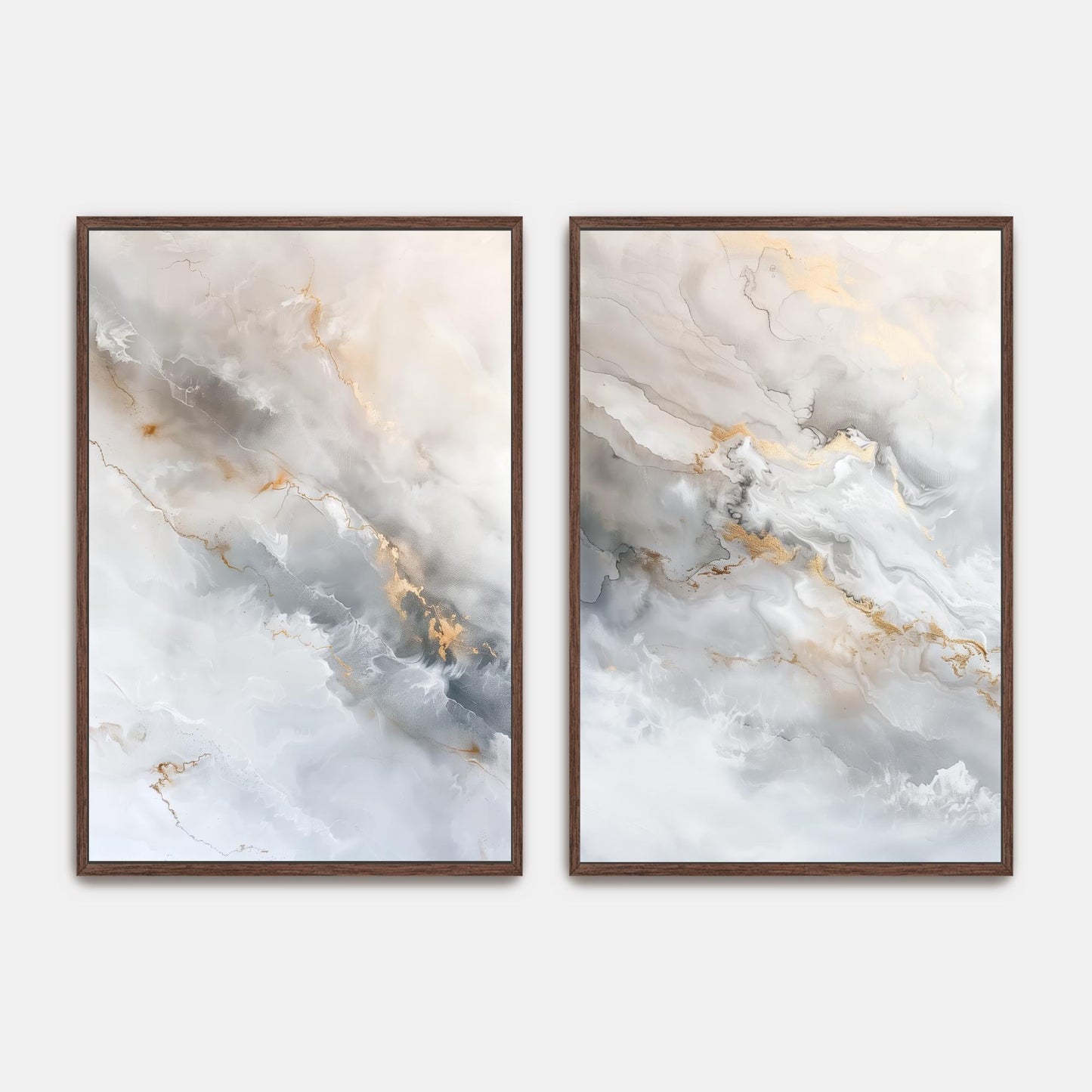 two abstract paintings with a marble-like texture, featuring a combination of white, gray, and gold colors. The paintings are framed and displayed on a wall.