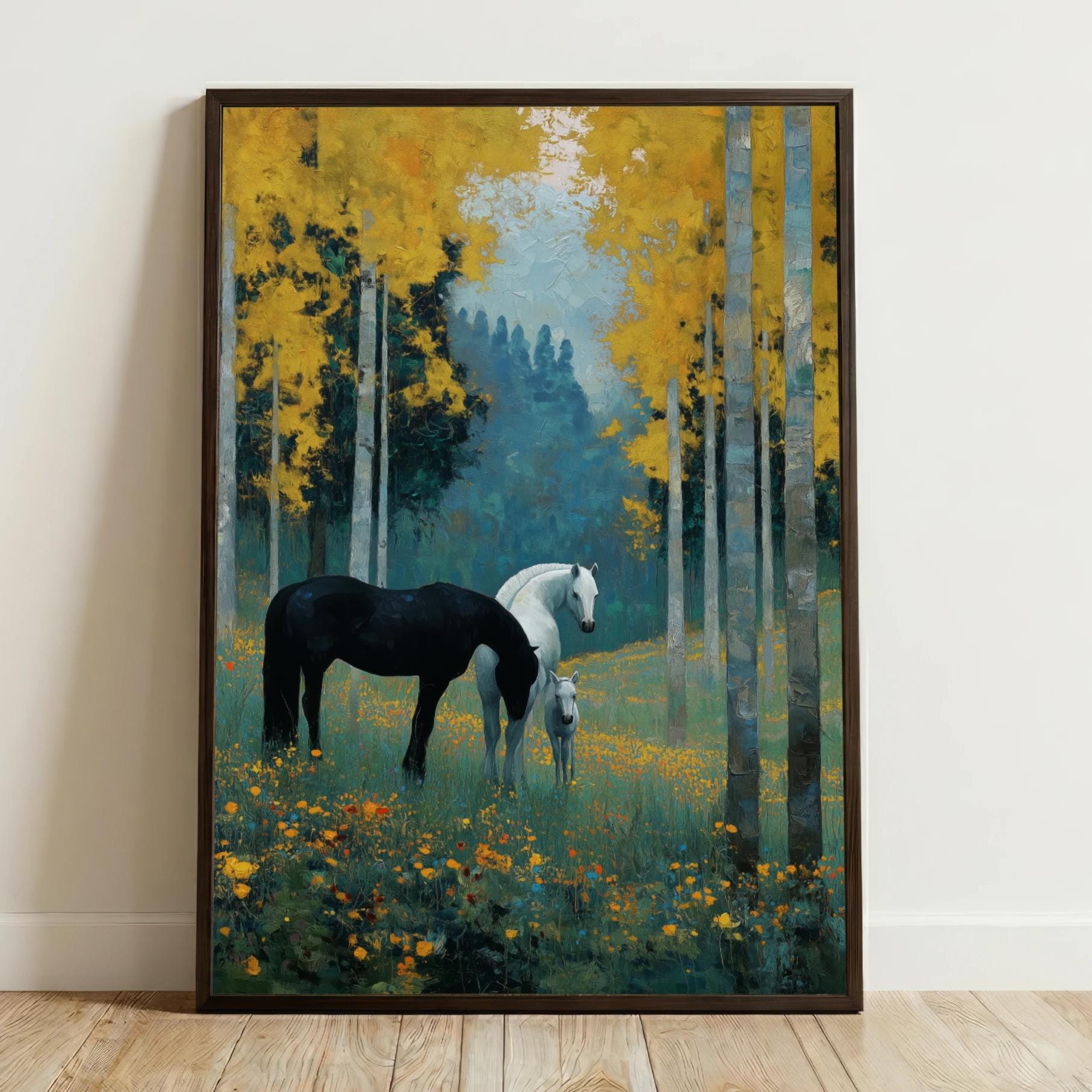 Horse Family Modern Framed Wall Art, Green Trees Flowers, Whimsical Cottagecore, Nursery Art Canvas Print Artwork Vertical Portrait