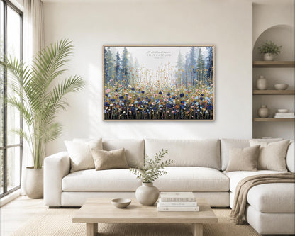 a cozy living room with a large, colorful painting of a field of flowers hanging on the wall above a white sofa. The room is decorated with various plants, vases, and books, creating a warm and inviting atmosphere.
