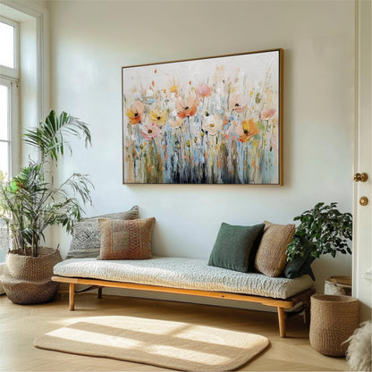 a living room with a large painting of flowers hanging on the wall above a wooden bench with pillows. The room is decorated with potted plants and a rug, creating a cozy and inviting atmosphere.