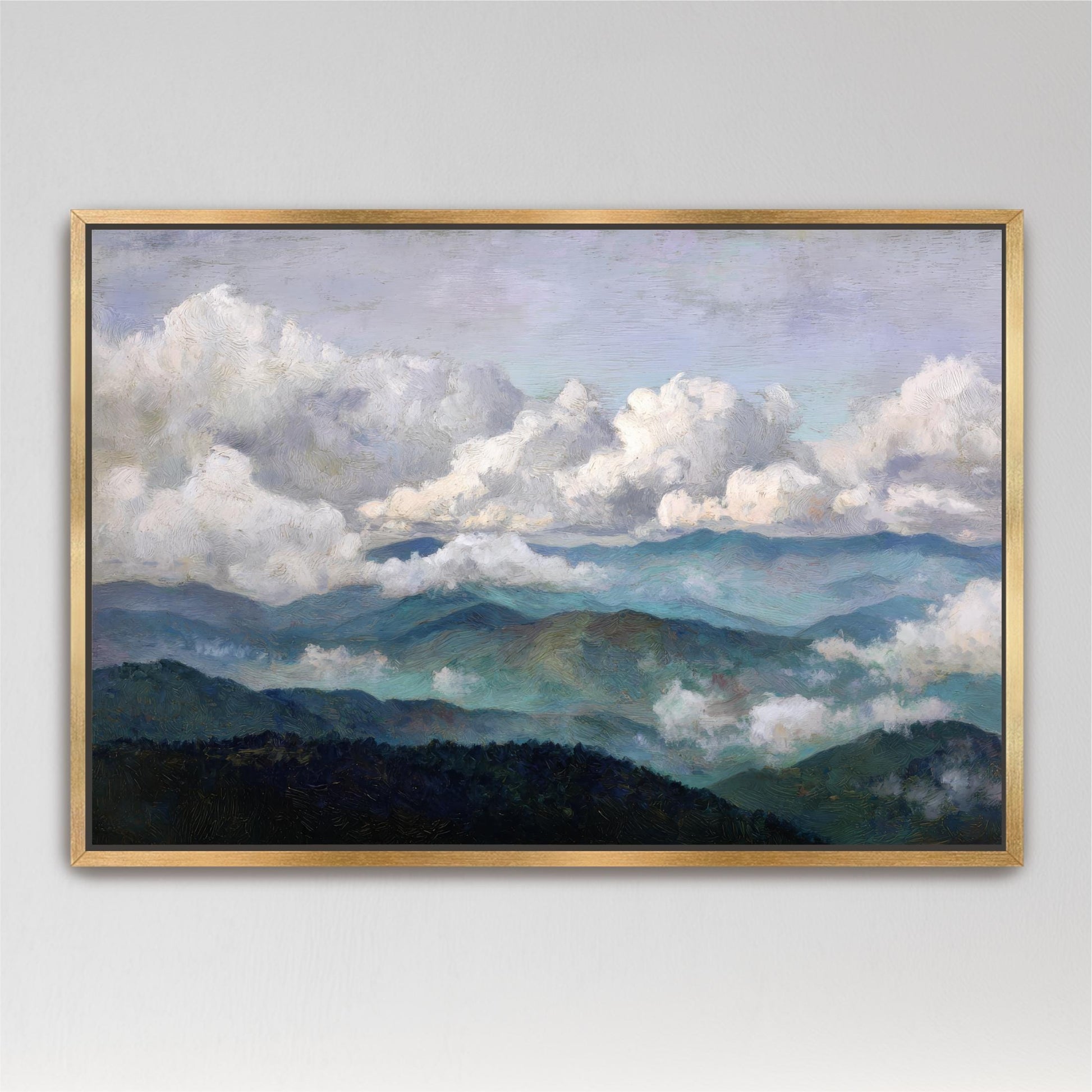 The image is a framed painting depicting a mountainous landscape with rolling hills, clouds, and a blue sky.