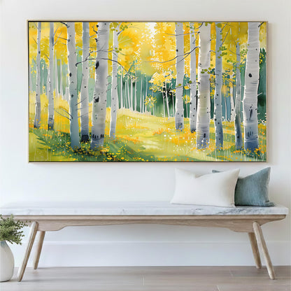 a large painting of a forest with yellow trees and green grass, hanging on a white wall above a wooden bench with pillows.