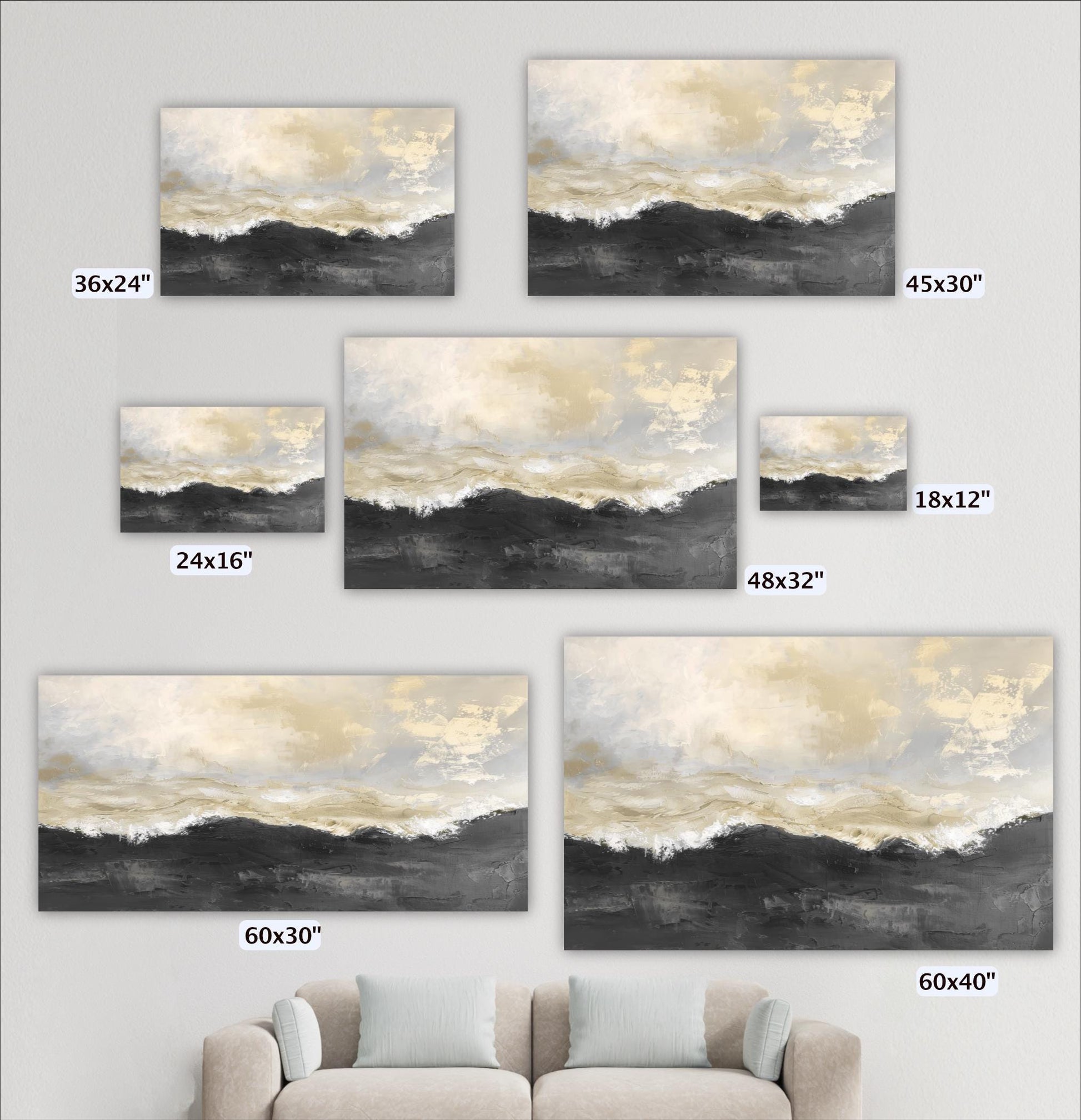 a collection of six landscape paintings, each with a different size and frame, displayed on a wall.