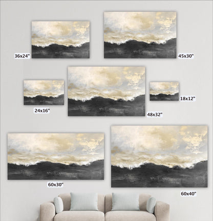 a collection of six landscape paintings, each with a different size and frame, displayed on a wall.