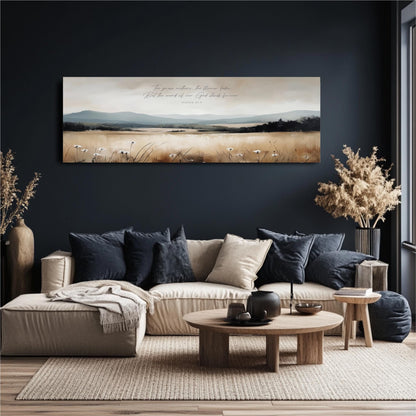a cozy living room with a large painting of a field and mountains hanging on the wall. The room is furnished with a beige sofa, a wooden coffee table, and a potted plant. The painting adds a touch of nature and serenity to the space.