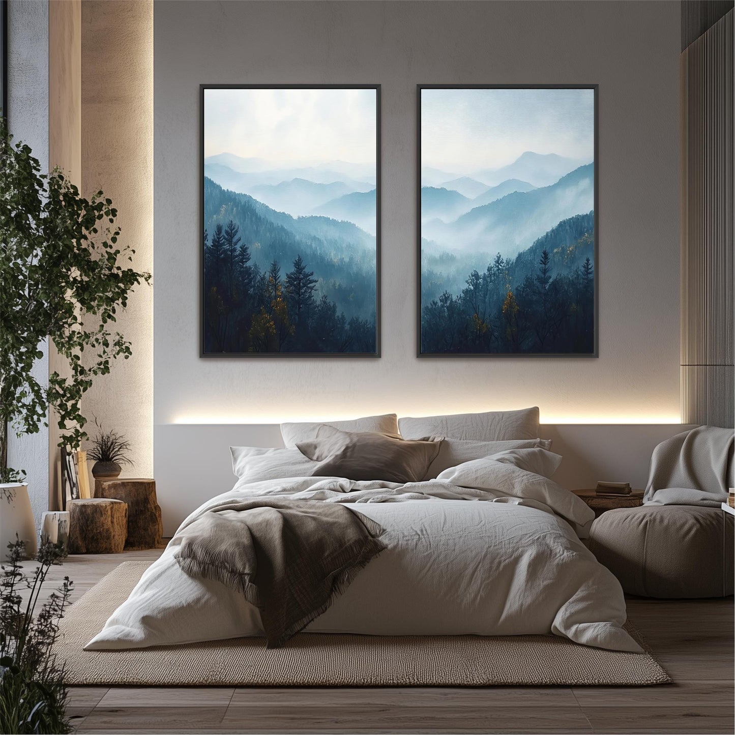 a serene bedroom with a large bed, a nightstand, and two framed landscape paintings on the wall. The paintings feature a tranquil mountain scene with lush forests and a hazy blue sky.