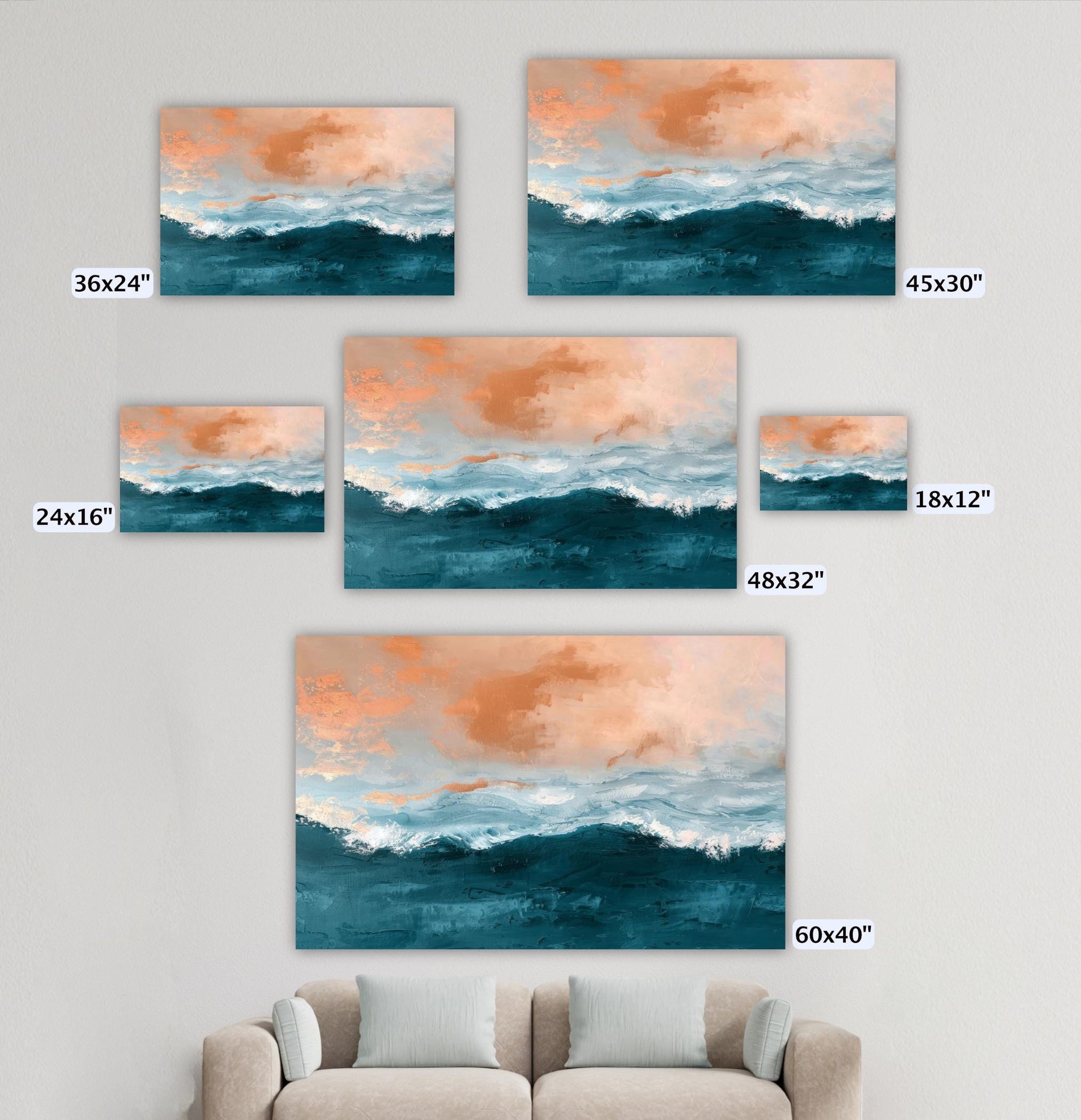 five different sizes of paintings or artwork depicting ocean scenes, including a large painting in the foreground and smaller ones above it.