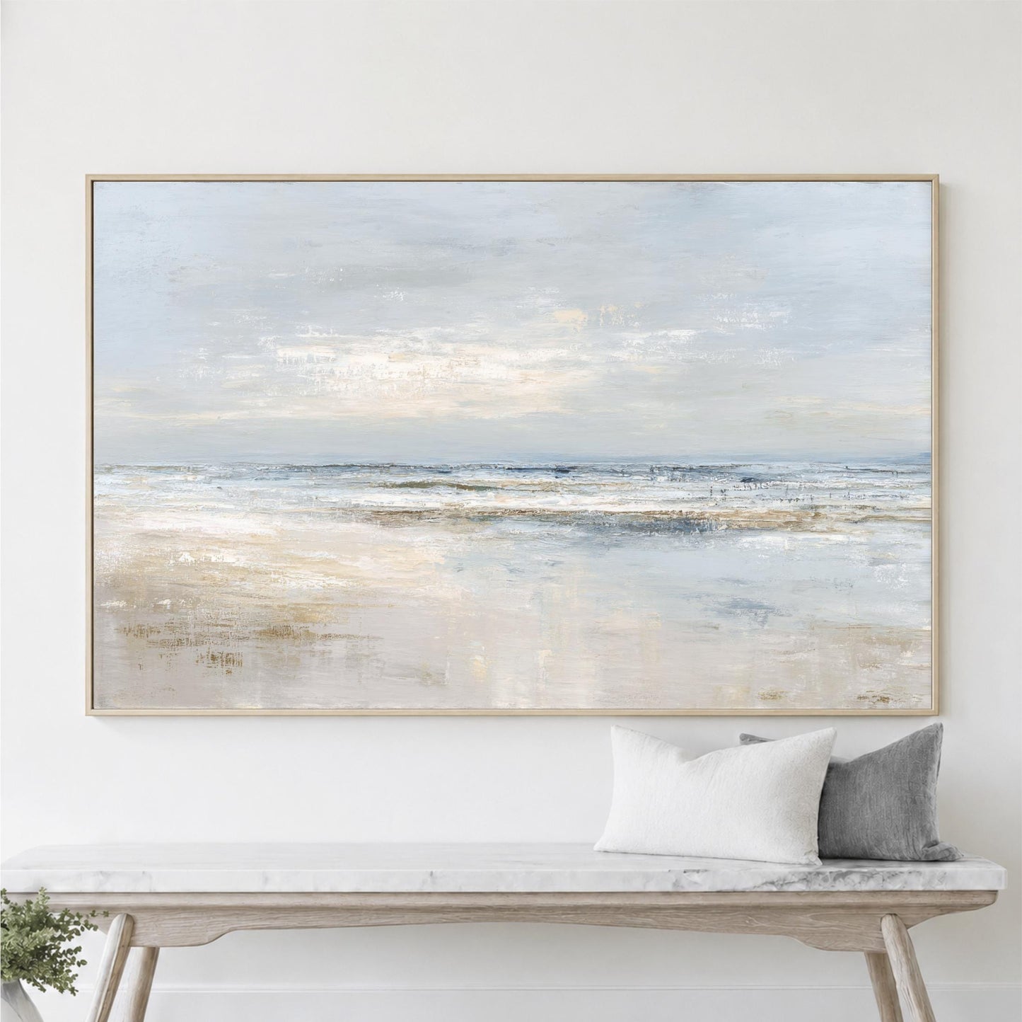 Abstract Ocean Art Framed Canvas Print, Coastal Seascape Muted Light Blue Beige, Modern Landscape Artwork, Cottage Beach House Bedroom, calming over the bed art