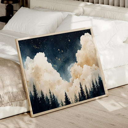 a picture of a night sky with clouds and trees