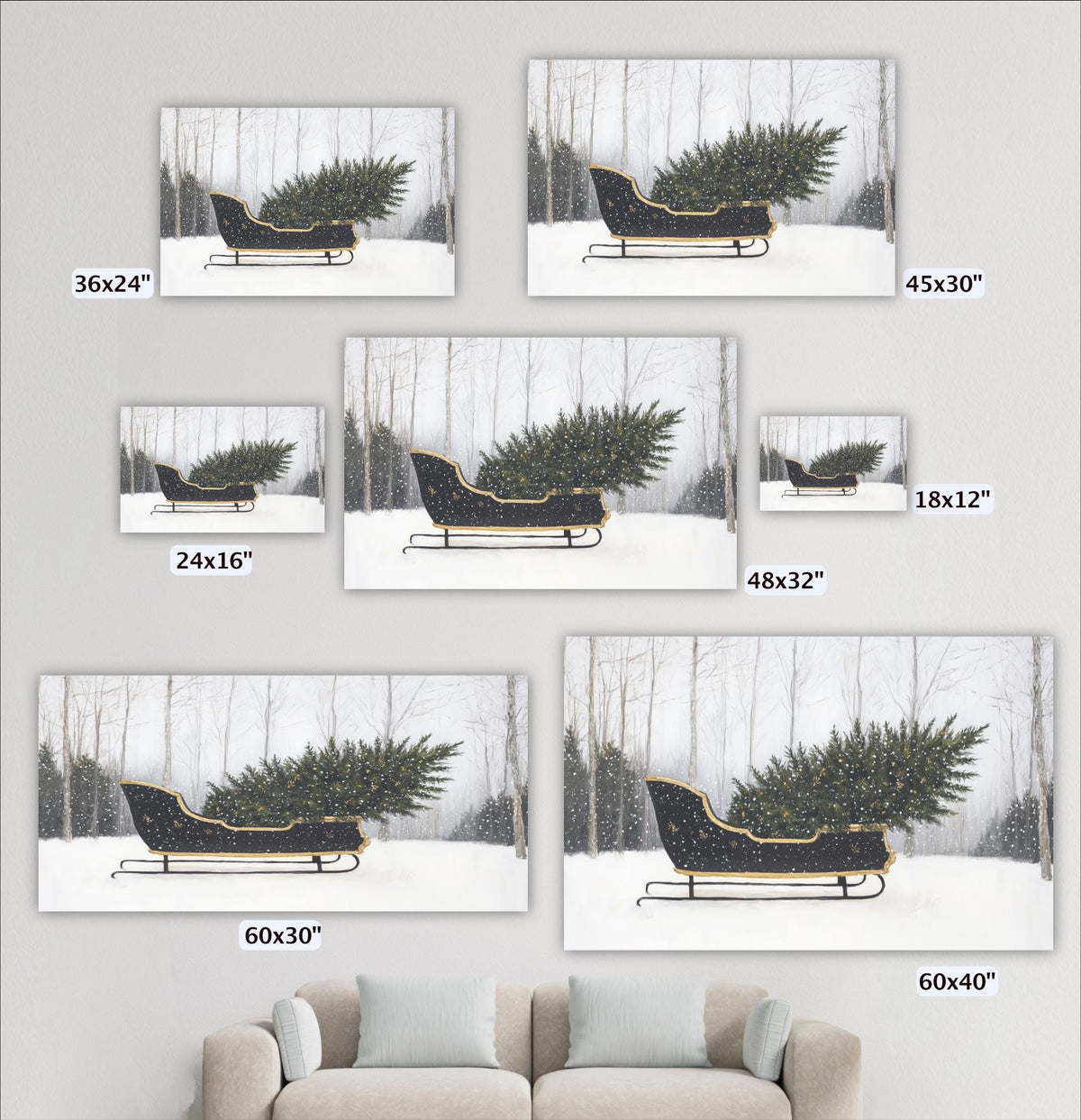a collection of five photographs depicting a Christmas tree in a sled, set against a snowy winter landscape.