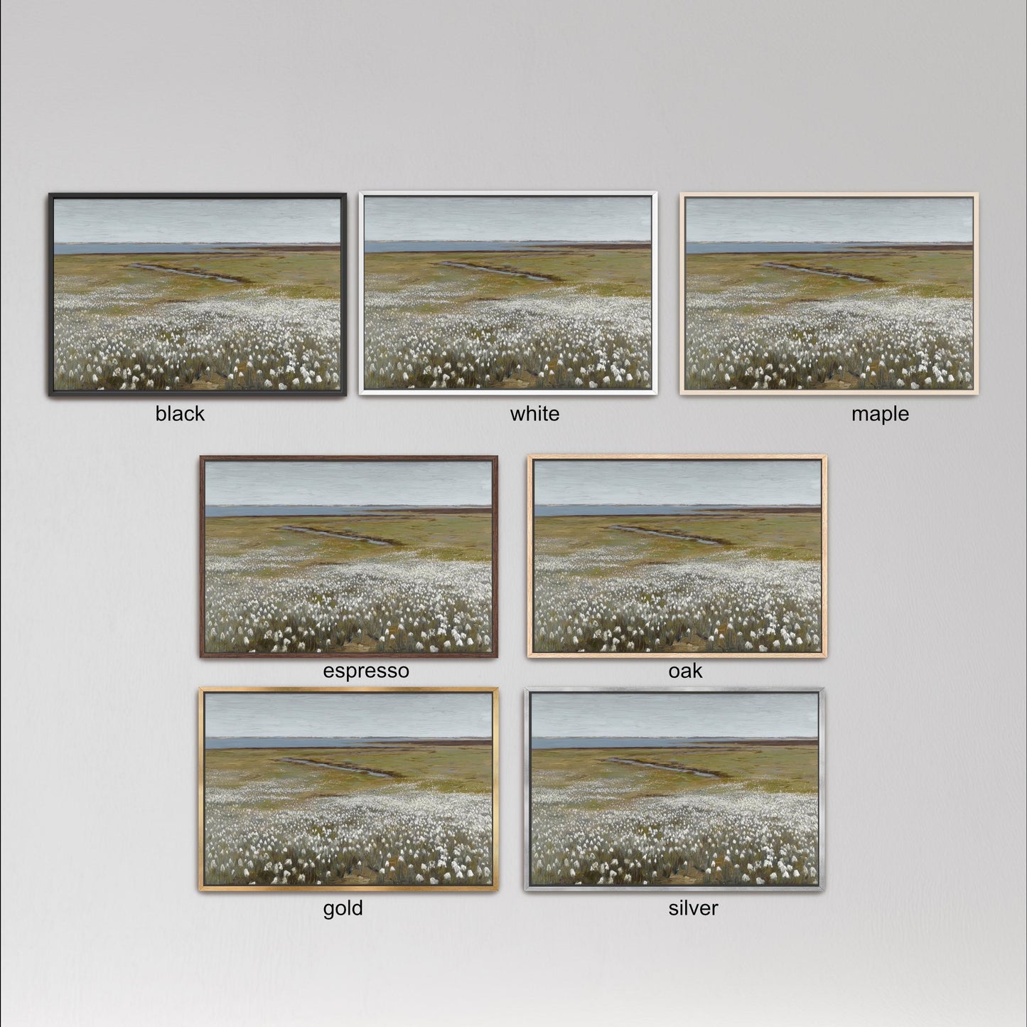 six different framed landscape paintings, each with a distinct color and frame style. The paintings depict various scenes, such as a field of flowers, a river, and a desert landscape. The color palette of the paintings includes black, white, and maple frames, as well as gold and silver frames. The frames vary in size and shape, adding visual interest to the overall presentation.