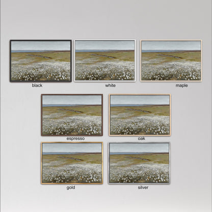 six different framed landscape paintings, each with a distinct color and frame style. The paintings depict various scenes, such as a field of flowers, a river, and a desert landscape. The color palette of the paintings includes black, white, and maple frames, as well as gold and silver frames. The frames vary in size and shape, adding visual interest to the overall presentation.