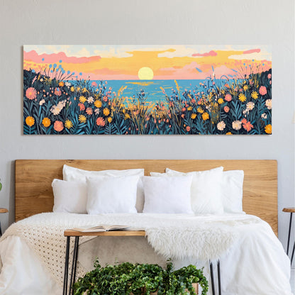 a bedroom with a large painting on the wall above the bed