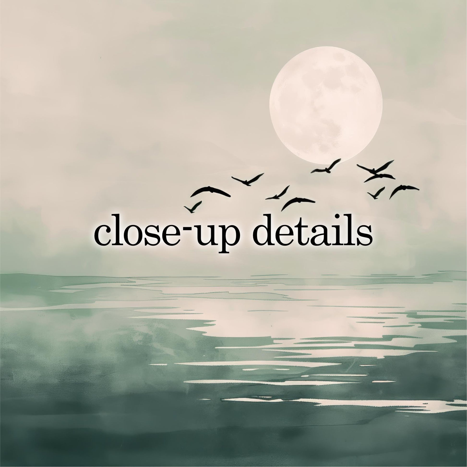 a serene scene of a large full moon reflected on a calm body of water, with a flock of birds flying in the sky above.
