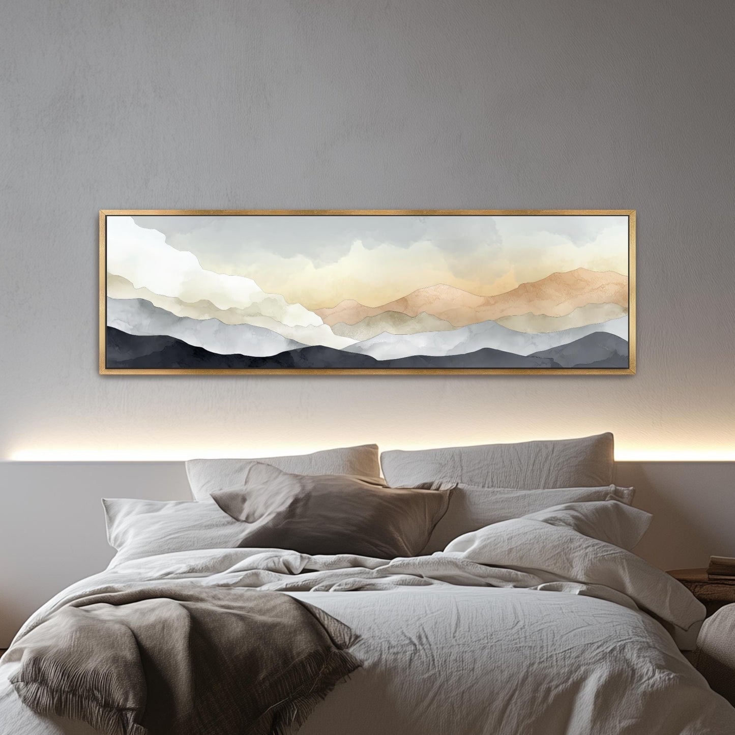 a large, framed painting of a mountain landscape hanging above a bed with white bedding.