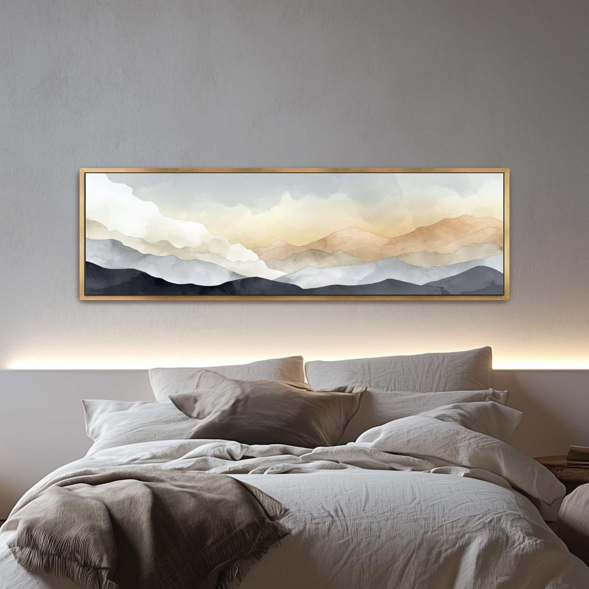 a large, framed painting of a mountain landscape hanging above a bed with white bedding.