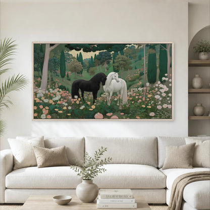 a large painting of two horses in a field of flowers, hanging on a wall above a white couch in a living room setting.