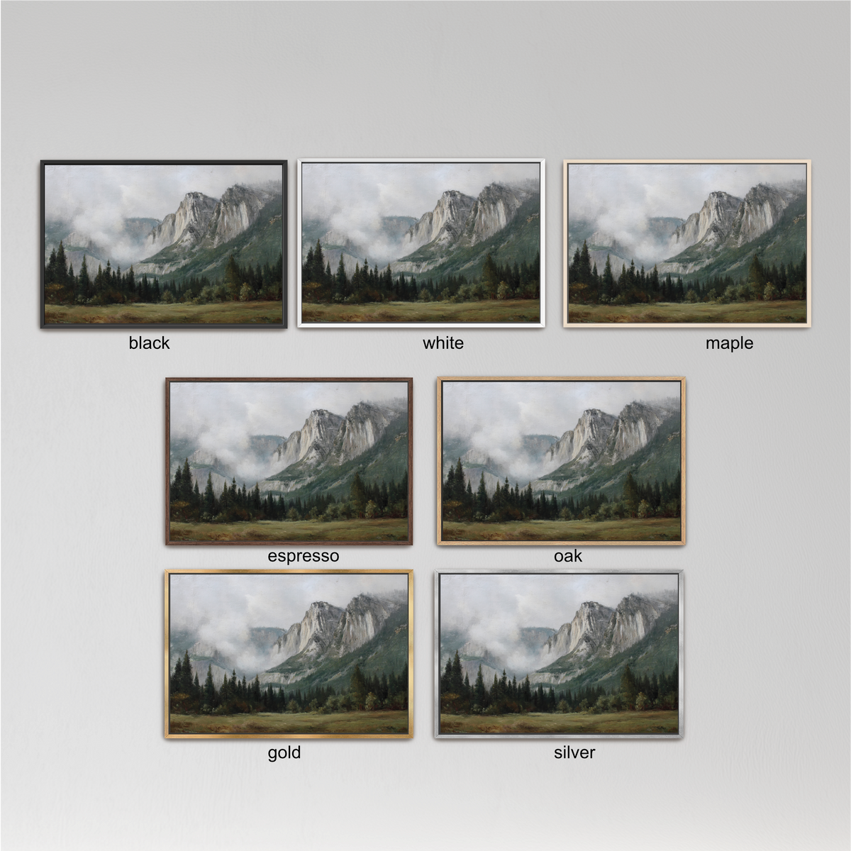 six framed landscape paintings depicting mountain scenes, each with a different color frame. The paintings are arranged in a grid format, with three paintings in each row and two in each column. The colors of the frames are black, white, and maple.