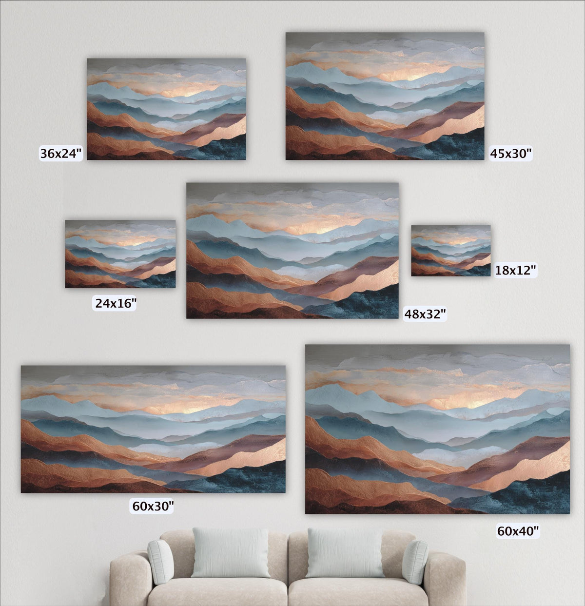 a collection of landscape paintings or photographs depicting mountains and hills, each varying in size and frame. The paintings are arranged on a wall, and there is a couch in the foreground.