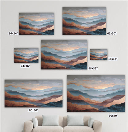 a collection of landscape paintings or photographs depicting mountains and hills, each varying in size and frame. The paintings are arranged on a wall, and there is a couch in the foreground.