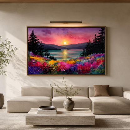 a large, colorful painting of a sunset landscape hanging on a wall above a beige sofa in a living room.