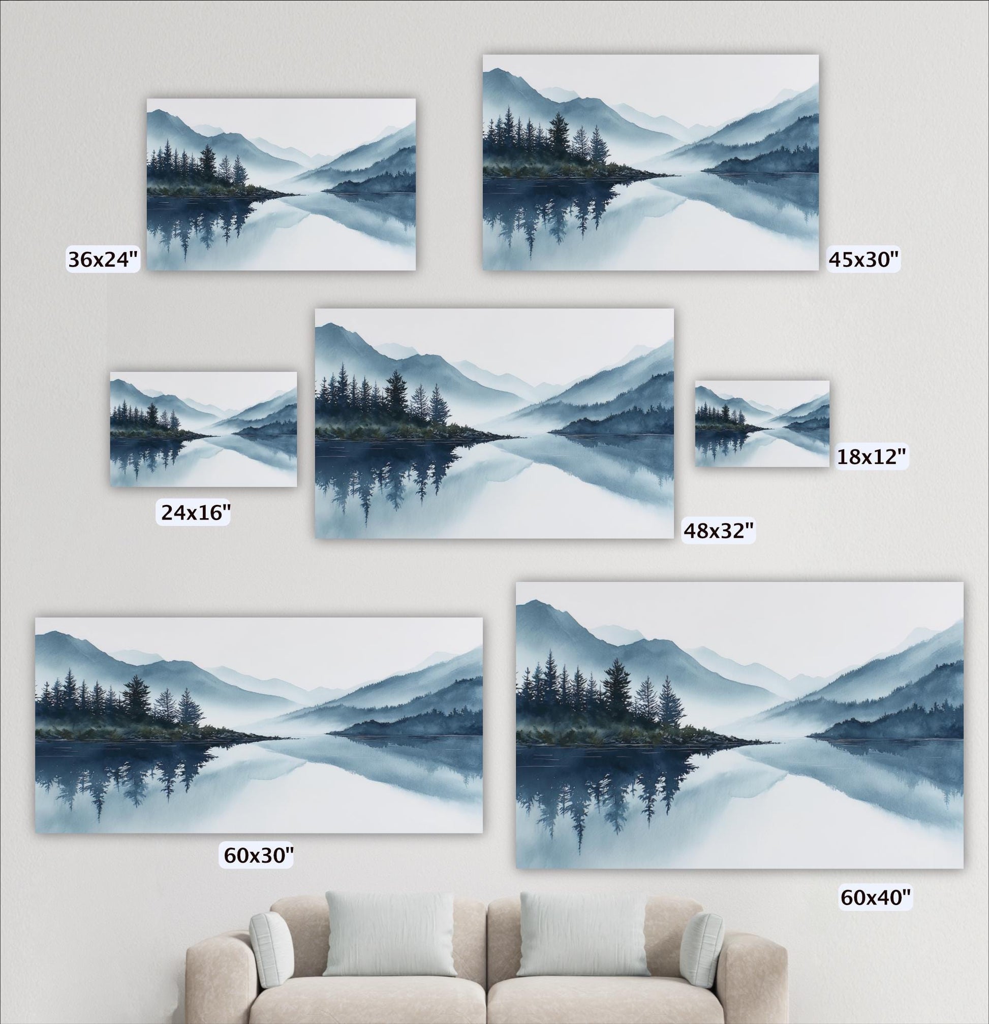 a collection of landscape paintings or photographs depicting serene mountain scenes, including forests, water, and mountains. The paintings vary in size, ranging from 36x24" to 48x32" and 60x30", and are displayed on a wall alongside a couch.