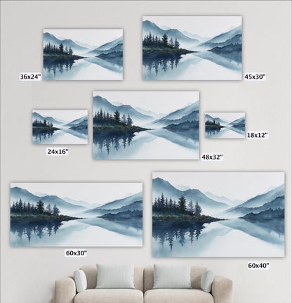 a collection of landscape paintings or photographs depicting serene mountain scenes, including forests, water, and mountains. The paintings vary in size, ranging from 36x24" to 48x32" and 60x30", and are displayed on a wall alongside a couch.