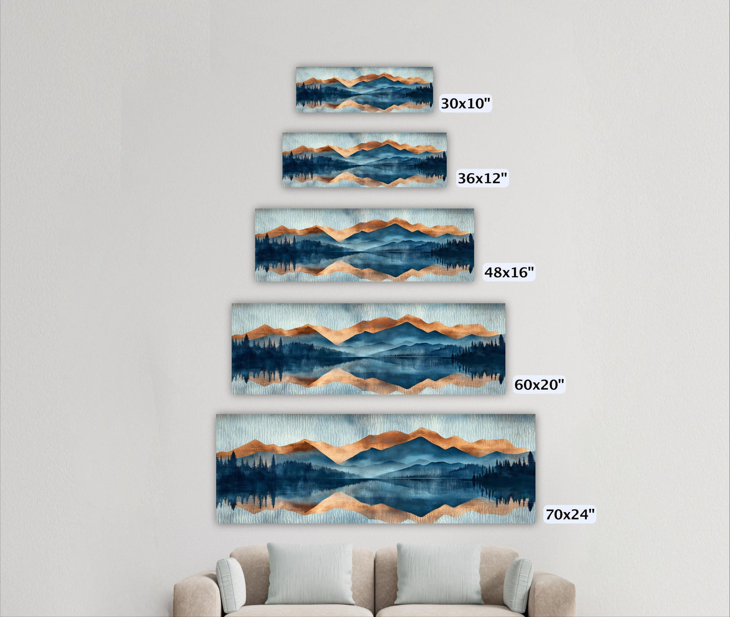 A wall with five identical landscape paintings of mountains and forests, each with a different size and resolution, ranging from 30x10" to 70x24".