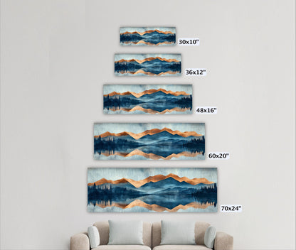 A wall with five identical landscape paintings of mountains and forests, each with a different size and resolution, ranging from 30x10" to 70x24".