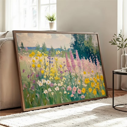 a large painting of a colorful field of flowers, with various shades of green, yellow, and pink flowers. The painting is displayed on a wooden frame and is placed on a white rug in a room with a window and a plant.