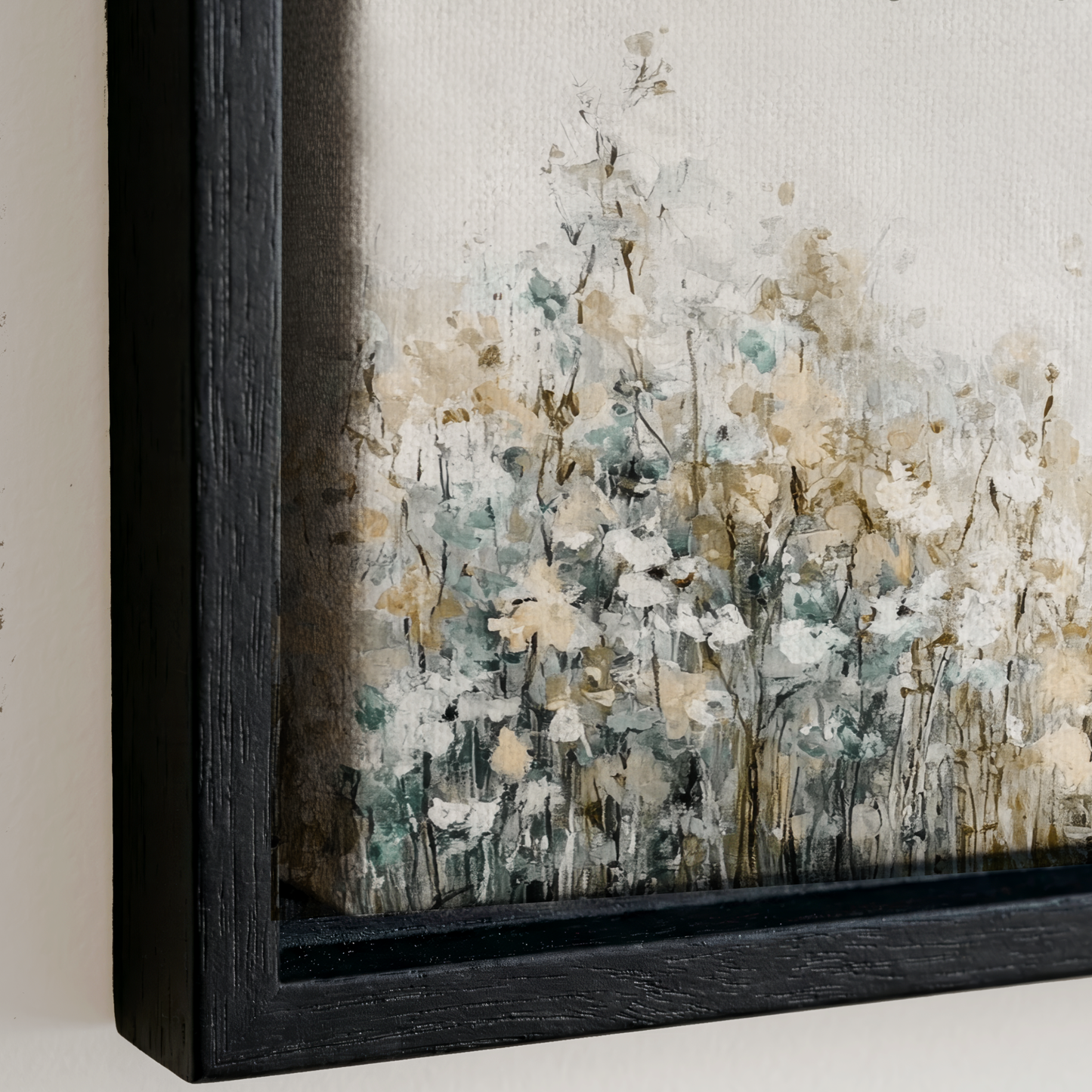 The image is a framed painting depicting a field of flowers with a mix of white, green, and gray colors.